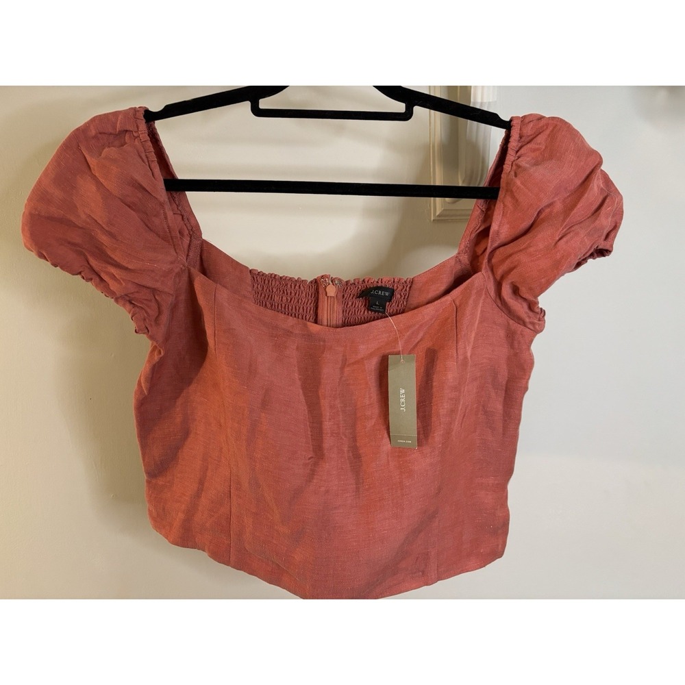 NWT J CREW Rust Burnt Orange Linen Cropped  Puff Sleeve Top L